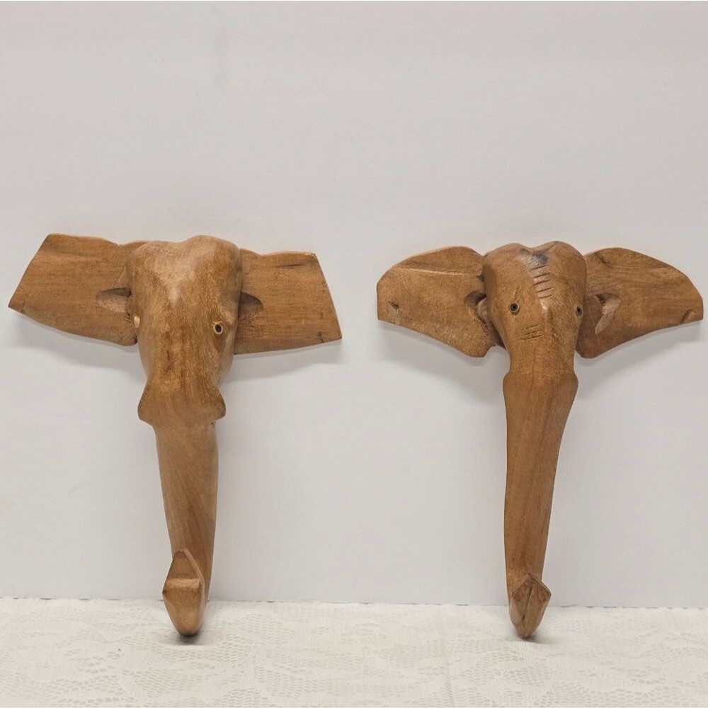 Vintage Hand Carved Elephant Wall Hooks Set Of 2 Indian Boho Decor Cottagecore